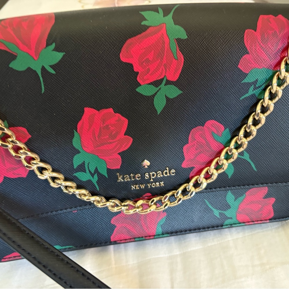 Kate Spade Black Crossbody Bag with Red Rose Design